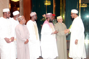 Pix. 4: President Muhammadu Buhari welcoming the President, Union of African Scholars, Dr. Said Bourhani while from the left, the Secretary General, Dr. Seydou Madibaba Sylla; Secretary General, Supreme Council for Shariah in Nigeria, Mall. Nafiu Baba Ahmad; Head of Research, Studies & Translation Committee, Dr. Abdul-Razzaq Abdul-Majeed Alaro and Member of the delegation, Sheikh Abdullah Bala Lao watched during an audience the President granted Islamic Scholars at the State House, Abuja. Photo by Abayomi Adeshida 01/09/2015