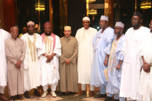 Pix. 6: President Muhammadu Buhari flanked by the President, Union of African Scholars, Dr. Said Bourhani and the Permanent Secretary Ministry of Interior, Alhaji Abdulkadir Magaji (3r) while from the left, Secretary General, Supreme Council for Shariah in Nigeria, Mall. Nafiu Baba Ahmad; Head of Research, Studies & Translation Committee, Dr. Abdul-Razzaq Abdul-Majeed Alaro and Member of the delegation, Sheikh Abdullah Bala Lao watched during an audience the President granted Islamic Scholars at the State House, Abuja. Photo by Abayomi Adeshida 01/09/2015